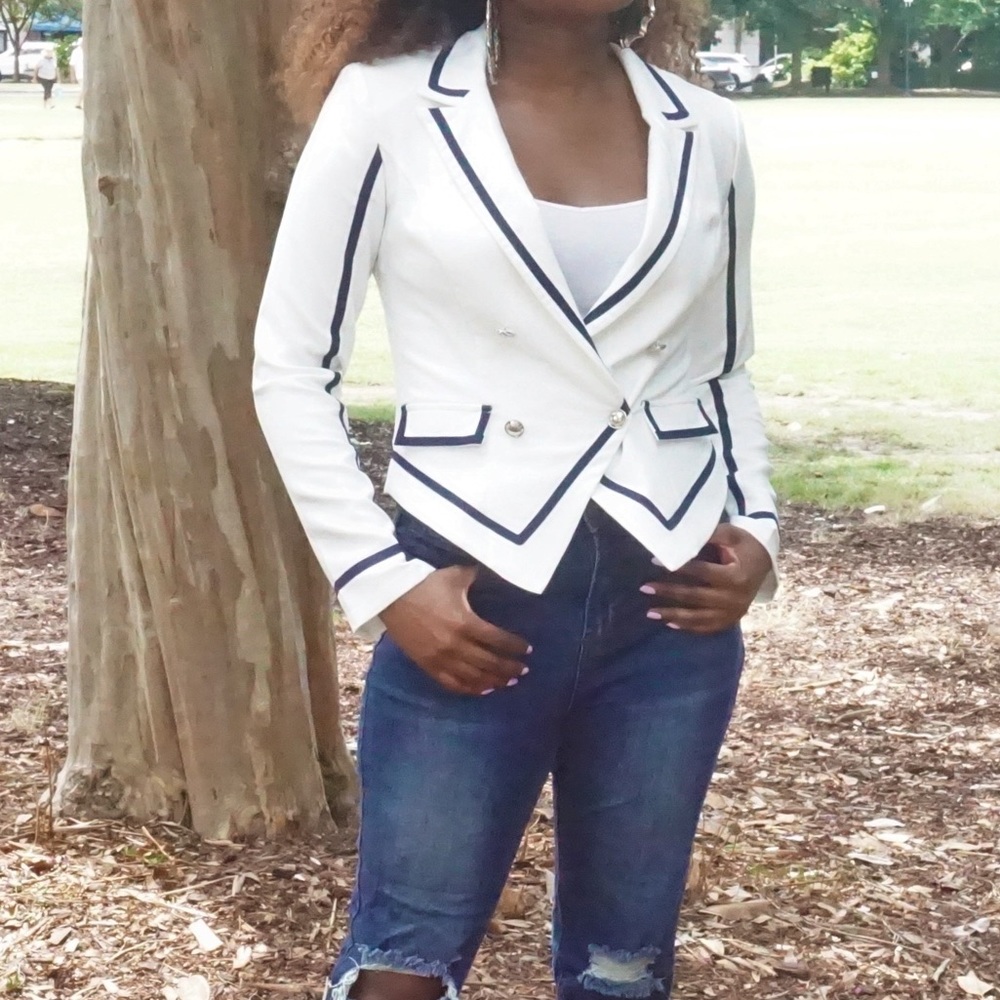 White Blazer with Navy Blue Trim